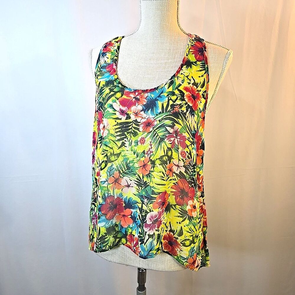 Bongo Sheer Colorful Tropical Floral Racerback Tank Top Juniors Size XL Cover-Up